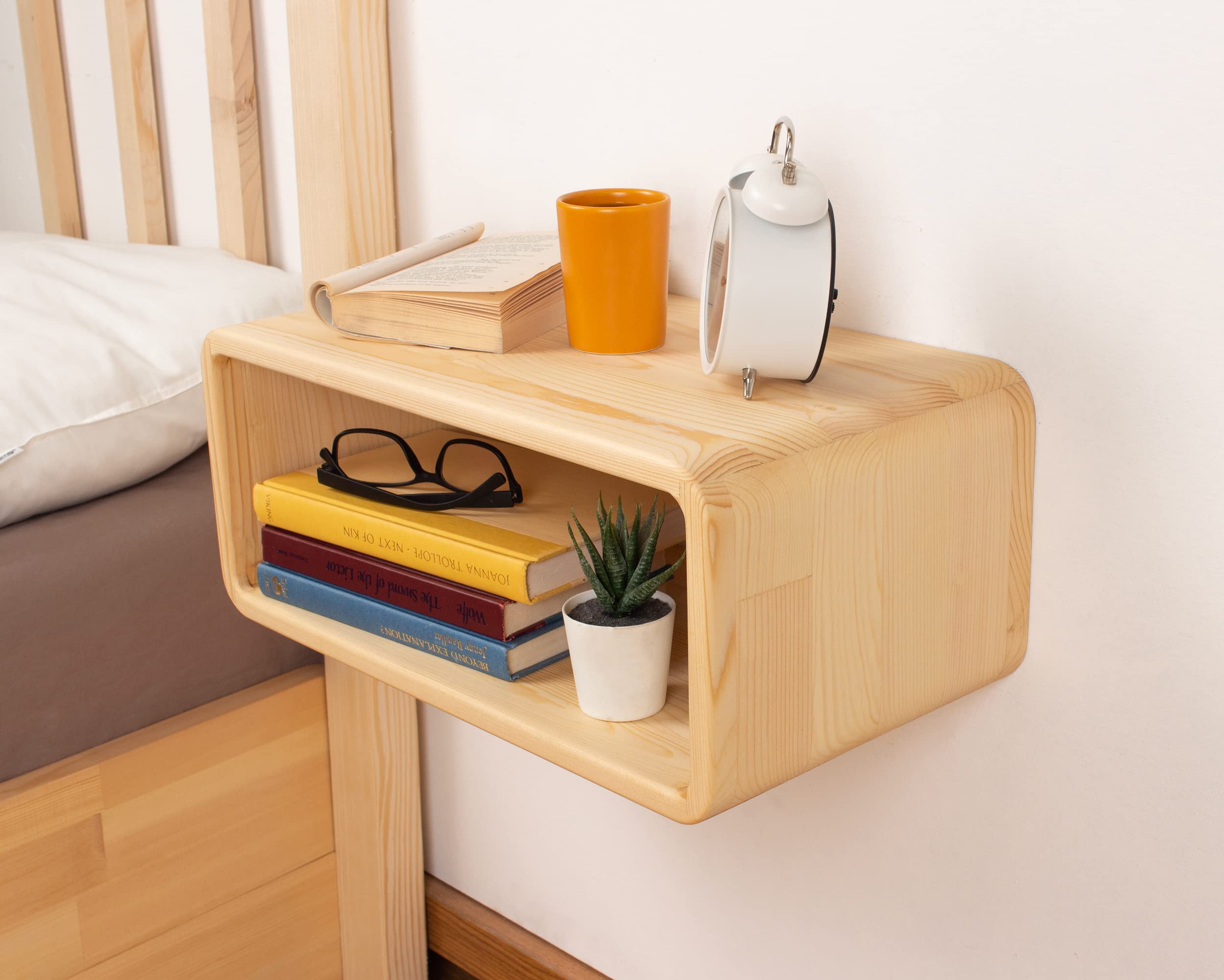 WOODCHES Floating Nightstand Wooden, Bedside Table, Nightstand Shelf, Handmade, Wall Mounted Bedside Shelf, Minimalist and Unique Style (Natural)