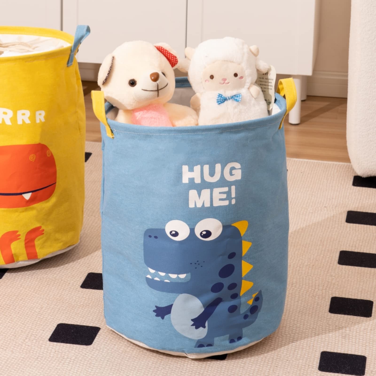 LUFOFOX Dinosaur Kids Laundry Hamper with Handles Large Collapsible Laundry Basket with Drawstring Waterproof Toy Storage Bins for Bedroom (Blue)