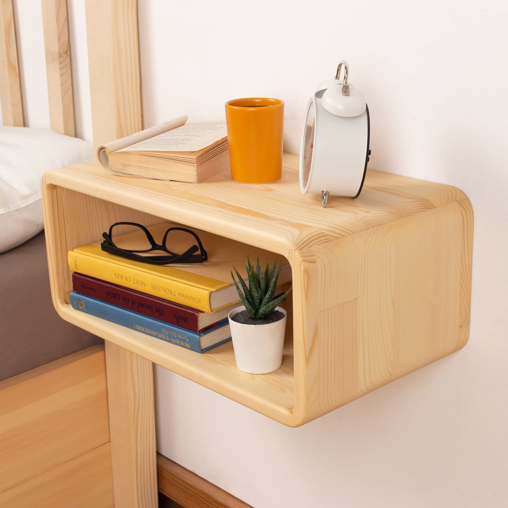 WOODCHES Floating Nightstand Wooden, Bedside Table, Nightstand Shelf, Handmade, Wall Mounted Bedside Shelf, Minimalist and Unique Style (Natural)