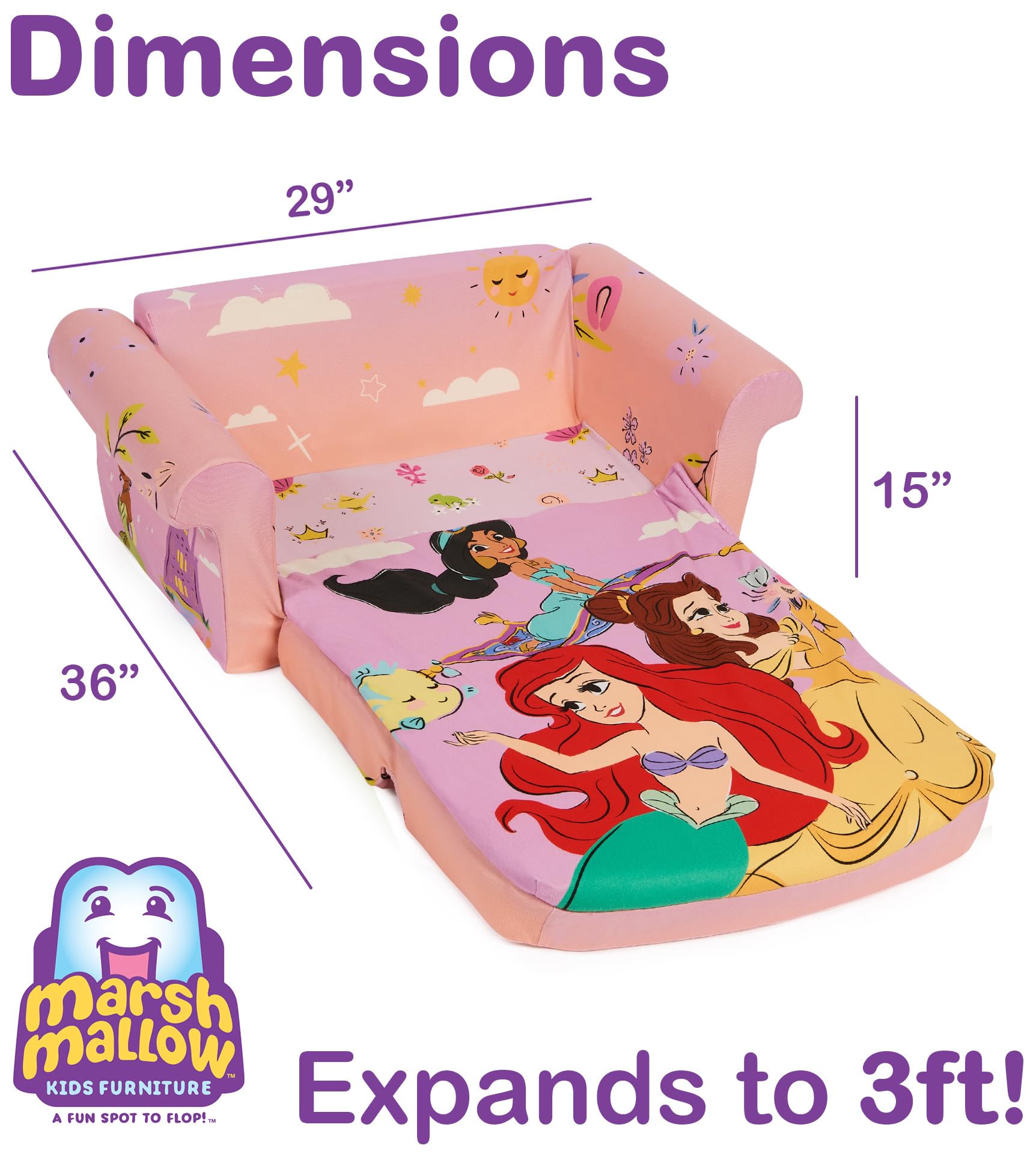 MARSHMALLOW Furniture, Disney Princess 3-in-1 Slumber Sofa, Foam Toddler Nap Mat with Attached Blanket