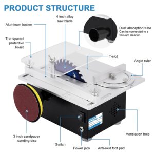 MXBAOHENG Mini Precision Table Saw 4'' Small Portable Hobby Table Saw for Crafts, 1.18 Inch Cutting Depth, DIY Mini Table Saw 120W with Sanding Disc for Wood/Plastic Cutting