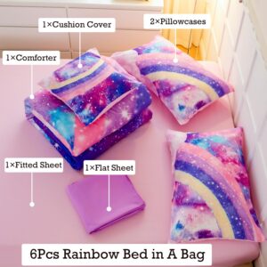 ANGIYUIN 6 Pcs Tie Dye Pink Twin Comforter Set for Girls, 3D Rainbow Galaxy Gradient Themed Bed in A Bag, Pastle Nebula Kids Bedding Set with Sheets, Comforter and Pillowcases for All Season