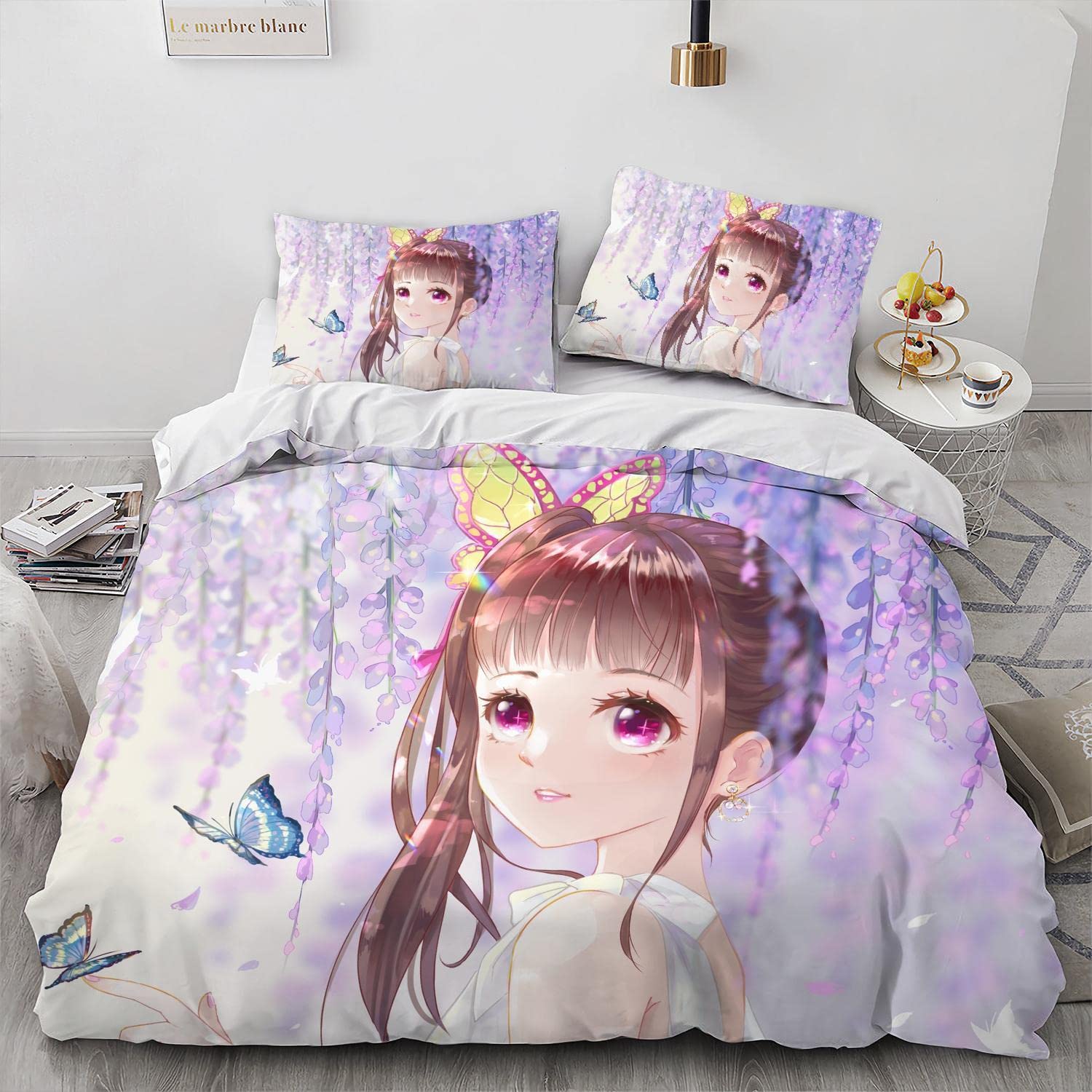 NICHIYOBI Devil Slayer Anime Kanao Flower Breathe Duvet Cover Set 3D Bedding Comforter Cover 3 Pcs (1 Duvet Cover+2 Pillowcases) Bedding Set (04,Queen-90x90in+20x30in*2)