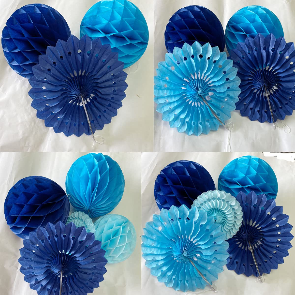 12pcs 6’’ 8’’ Honeycomb Balls Tissue Paper Fans Party Honeycomb Ball Fans Wall Decorations Tissue Pom Poms Flower Balls Hanging Paper Fans for Party Baby Shower Birthday Wedding Nursery(Blue kit)