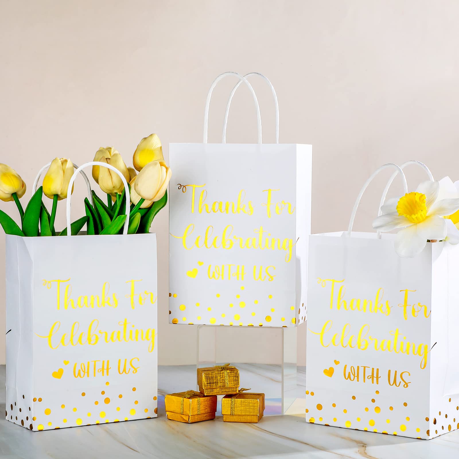 Ctosree 50 Pcs Wedding Gift Bag Thanks for Celebrating with Us Paper Bags Gold Wedding Gift Bags with Handle for Hotel Guests Wedding Gift Bag for Bridal Shower Party Favors