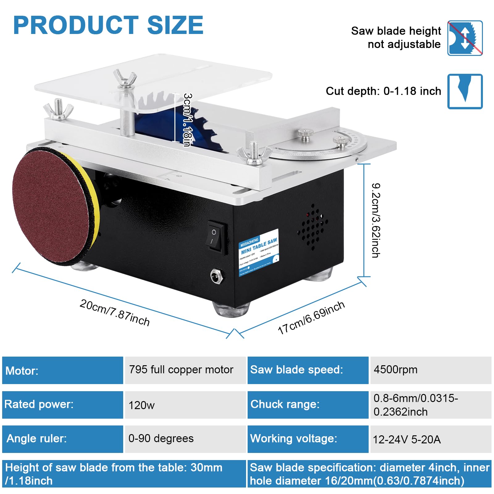 MXBAOHENG Mini Precision Table Saw 4'' Small Portable Hobby Table Saw for Crafts, 1.18 Inch Cutting Depth, DIY Mini Table Saw 120W with Sanding Disc for Wood/Plastic Cutting
