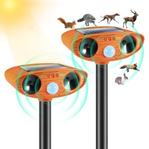 2024 upgraded solar ultrasonic animal repellent outdoor, 2 pack ultrasonic cat repellent with motion sensor flashing light raccoon repellent deer repellent squirrel repellent coyote deterrent and more