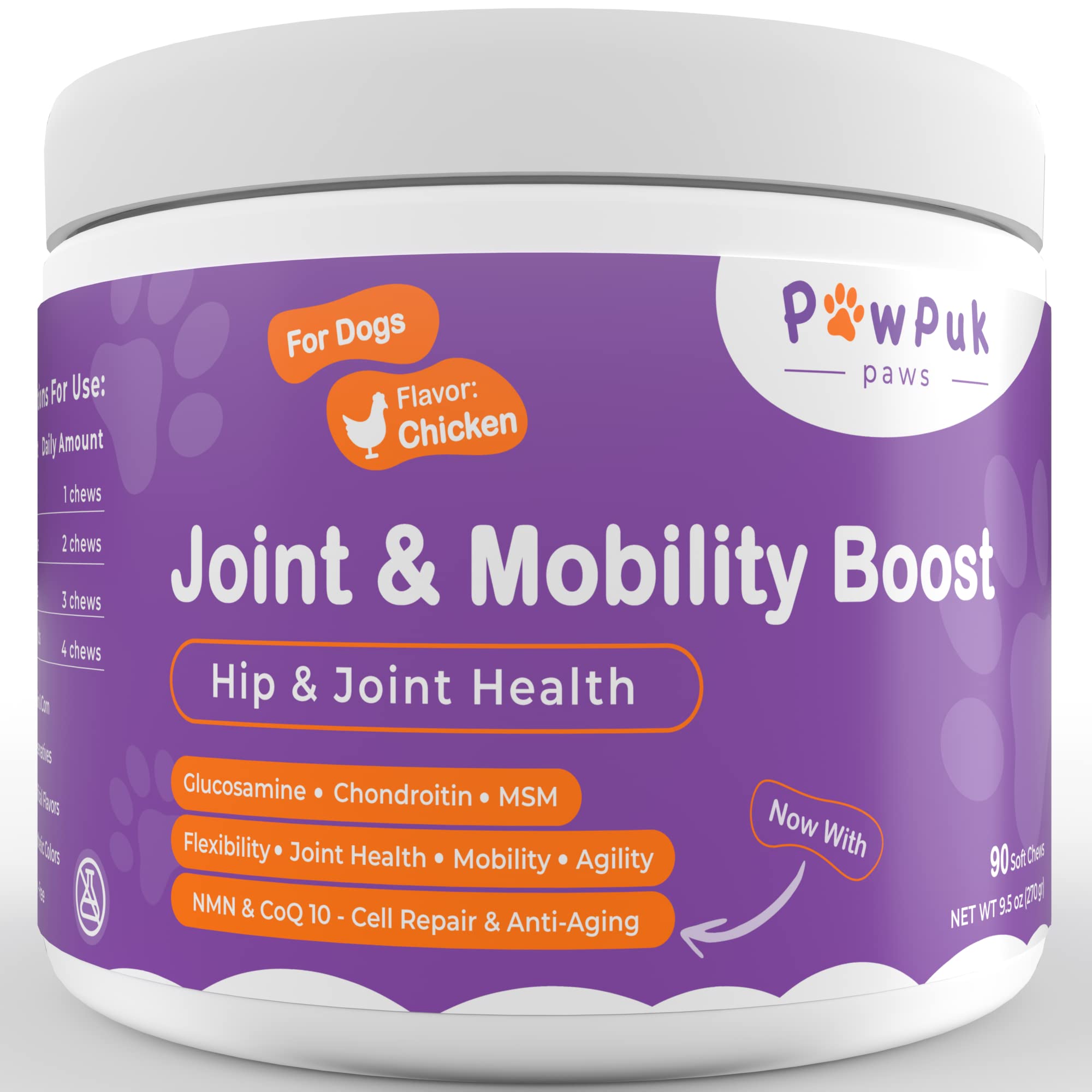 PawPuk Paws Joint & Mobility Supplements for Dogs, Glucosamine, Chondroitin, MSM – Anti Inflammation, NMN & CoQ10 - Antiaging, Green-Lipped Mussel, Turmeric