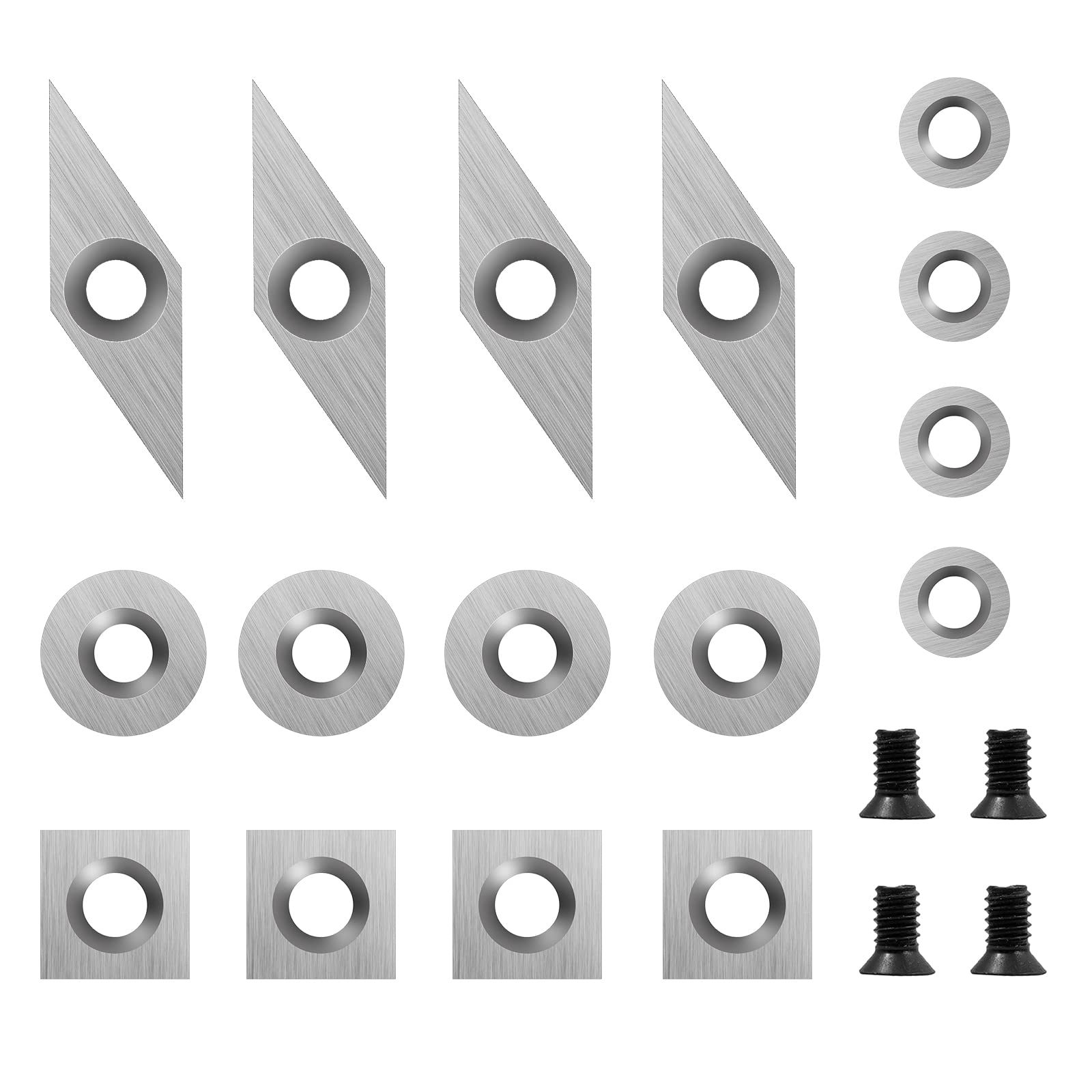 16Pcs Tungsten Carbide Cutters Inserts Set for Wood Lathe Turning Tools(Include 11mm Square with Radius,12mm and 8.9mm Round,30x10mm Diamond with Sharp Point),Supplied with Screws