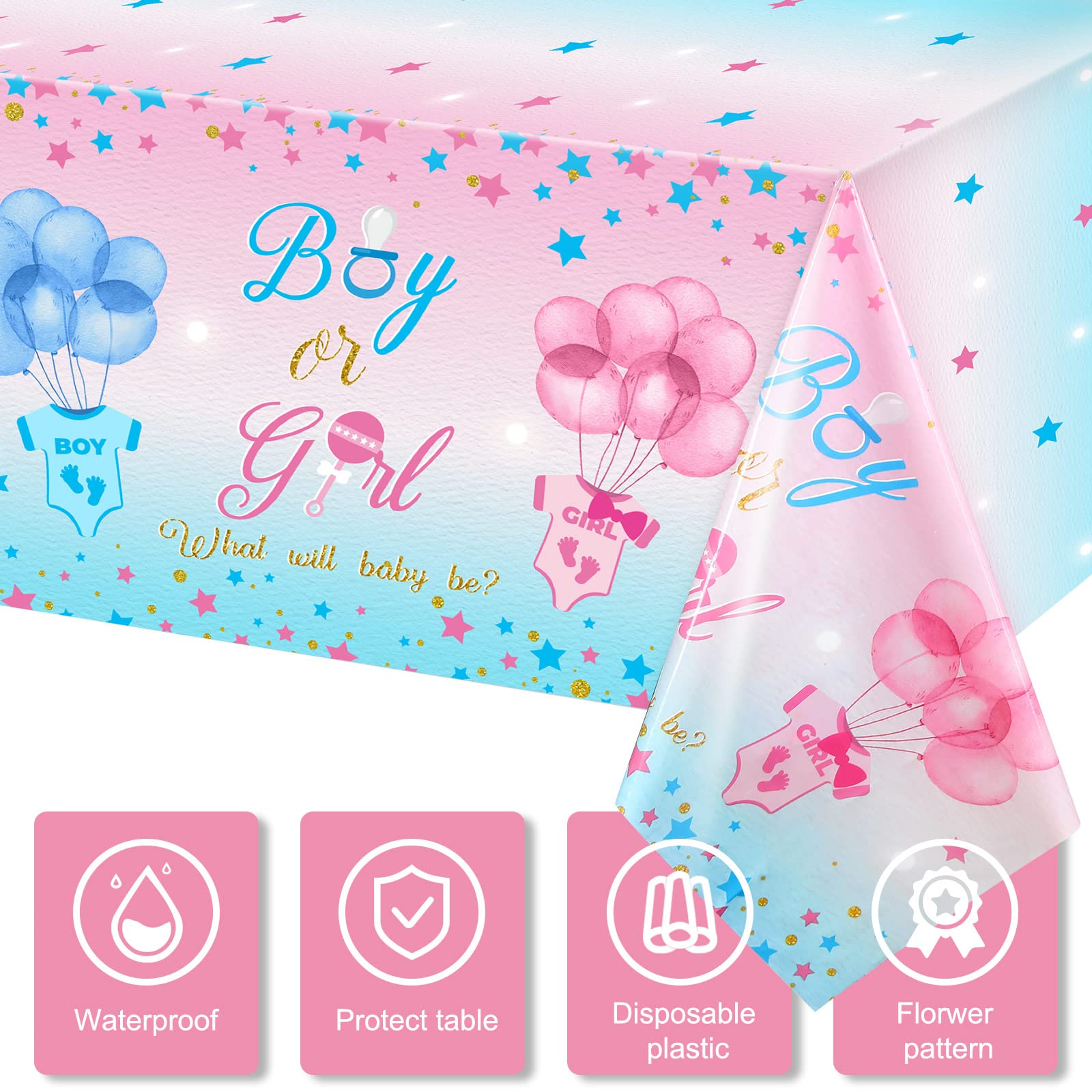 Mixweer 3 Pcs Gender Reveal Table Cloth Gender Reveal Party Supplies Waterproof Boy or Girl Plastic Tablecloth Pink and Blue Disposable Table Cover for Gender Reveal Baby Party Decorations, 54" x 108"