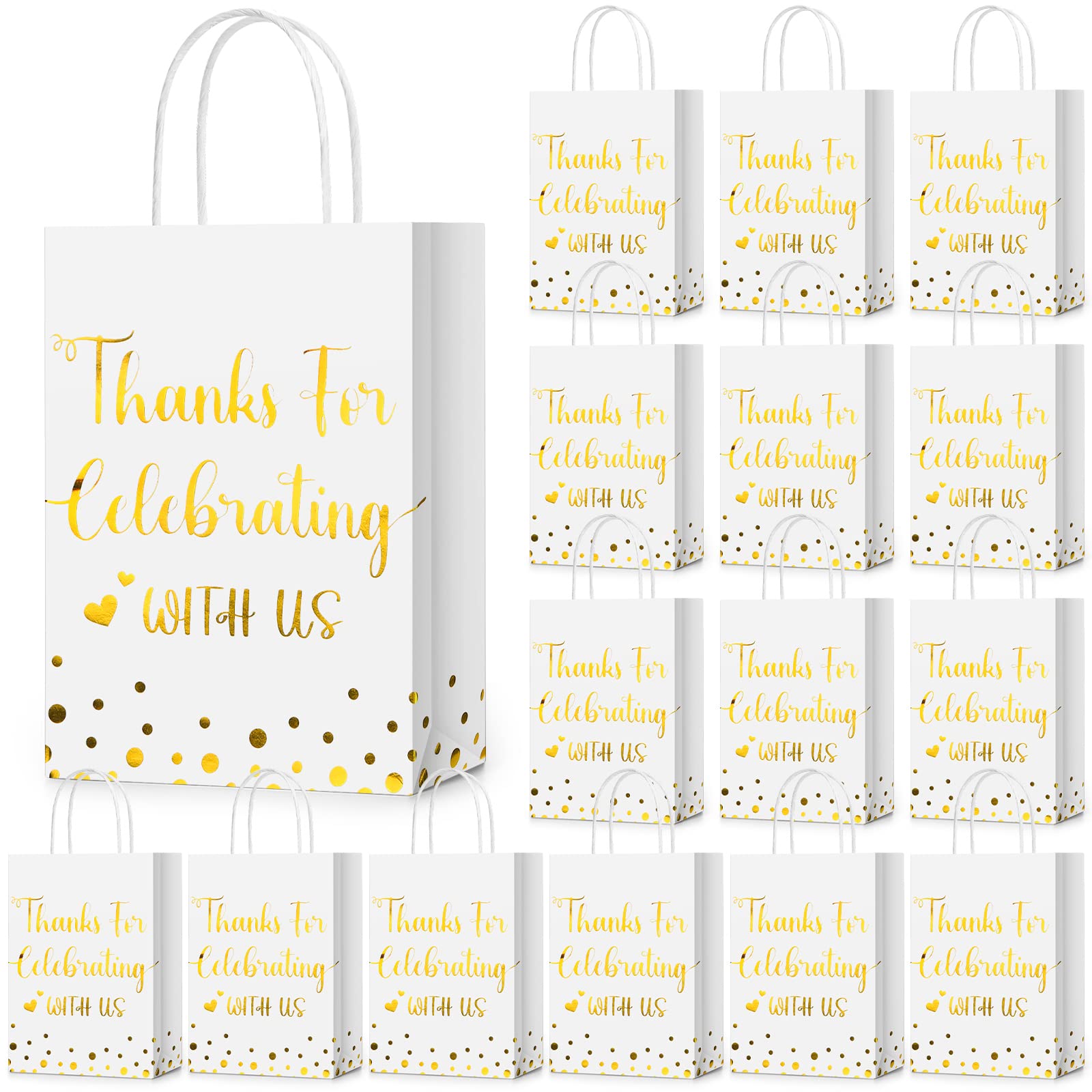 Ctosree 50 Pcs Wedding Gift Bag Thanks for Celebrating with Us Paper Bags Gold Wedding Gift Bags with Handle for Hotel Guests Wedding Gift Bag for Bridal Shower Party Favors