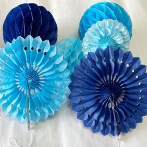 12pcs 6’’ 8’’ Honeycomb Balls Tissue Paper Fans Party Honeycomb Ball Fans Wall Decorations Tissue Pom Poms Flower Balls Hanging Paper Fans for Party Baby Shower Birthday Wedding Nursery(Blue kit)