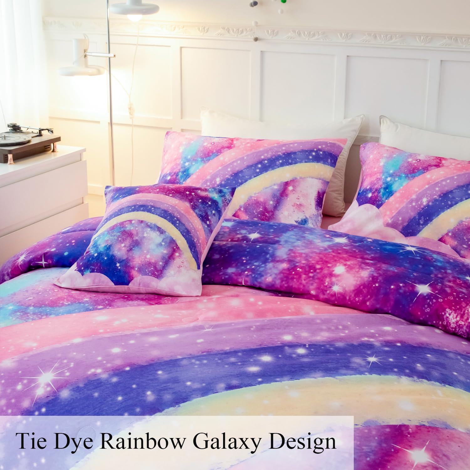 ANGIYUIN 6 Pcs Tie Dye Pink Twin Comforter Set for Girls, 3D Rainbow Galaxy Gradient Themed Bed in A Bag, Pastle Nebula Kids Bedding Set with Sheets, Comforter and Pillowcases for All Season