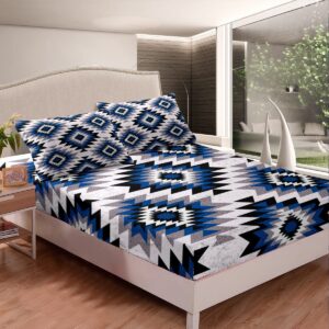 Kids Southwest Native American Design Fitted Sheet Queen Size Blue Grey Geometric Bed Sheet Set for Boys Girls Teens Bedroom Decor Tribal Bedding Set Set Women Men Bed Cover with 2 Pillow Case