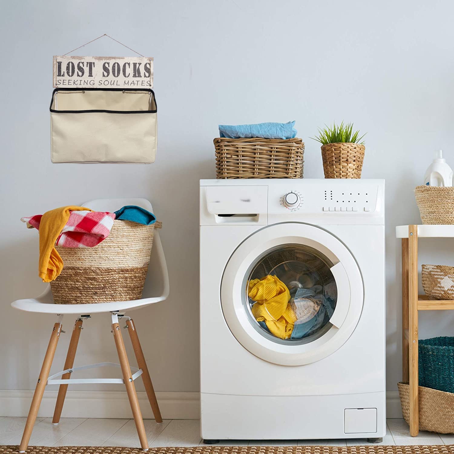 Laundry Room Wall Décor Accessories Canvas Bag Basket Lost socks Funny Wood Sign Organization