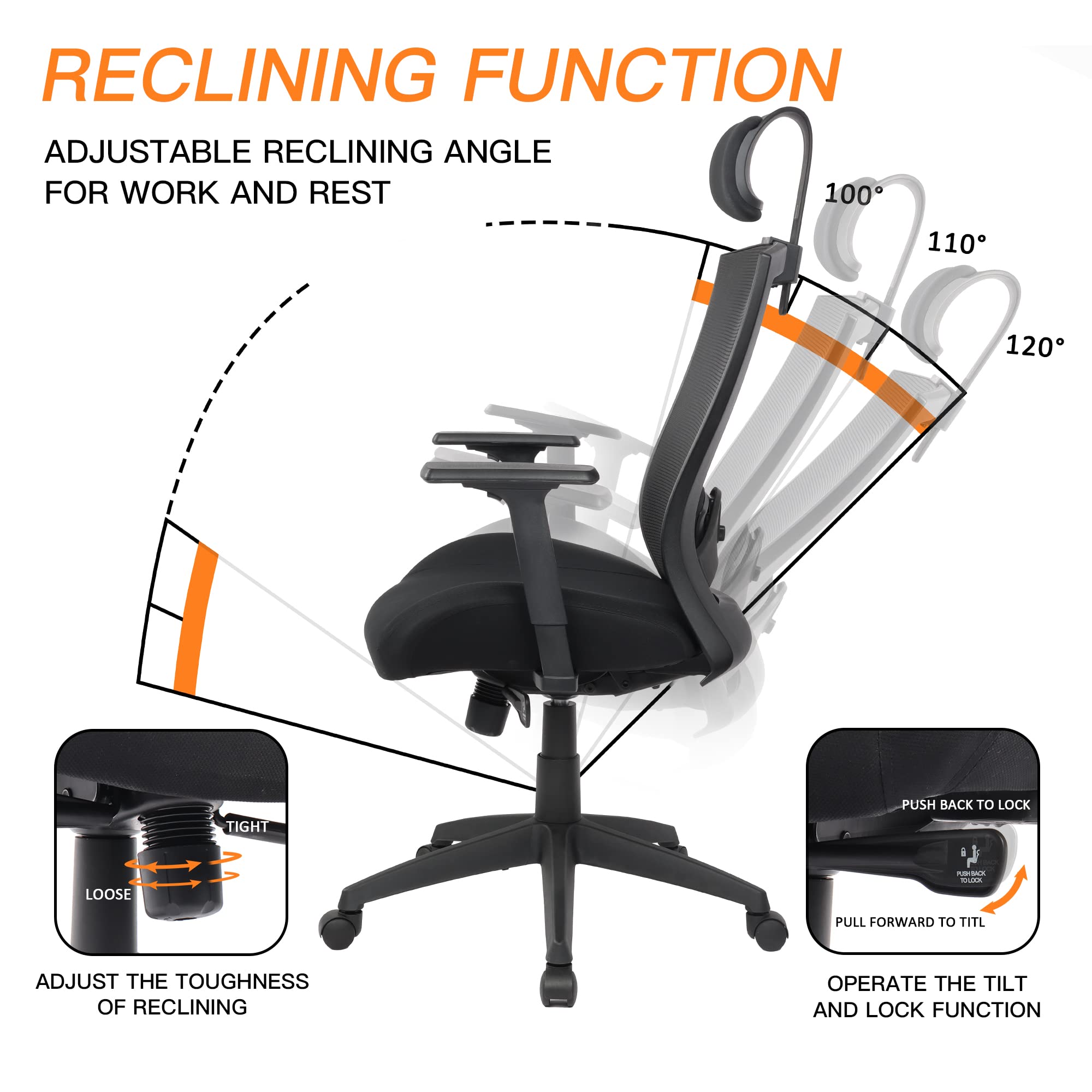 Ergonomic Office Chair for Big and Tall People Computer Desk Chair with Adjustable Headrest, Lumbar Support and Armrests, Mesh Rolling Chair for Study and Work, Heavy Duty 400lb, Black