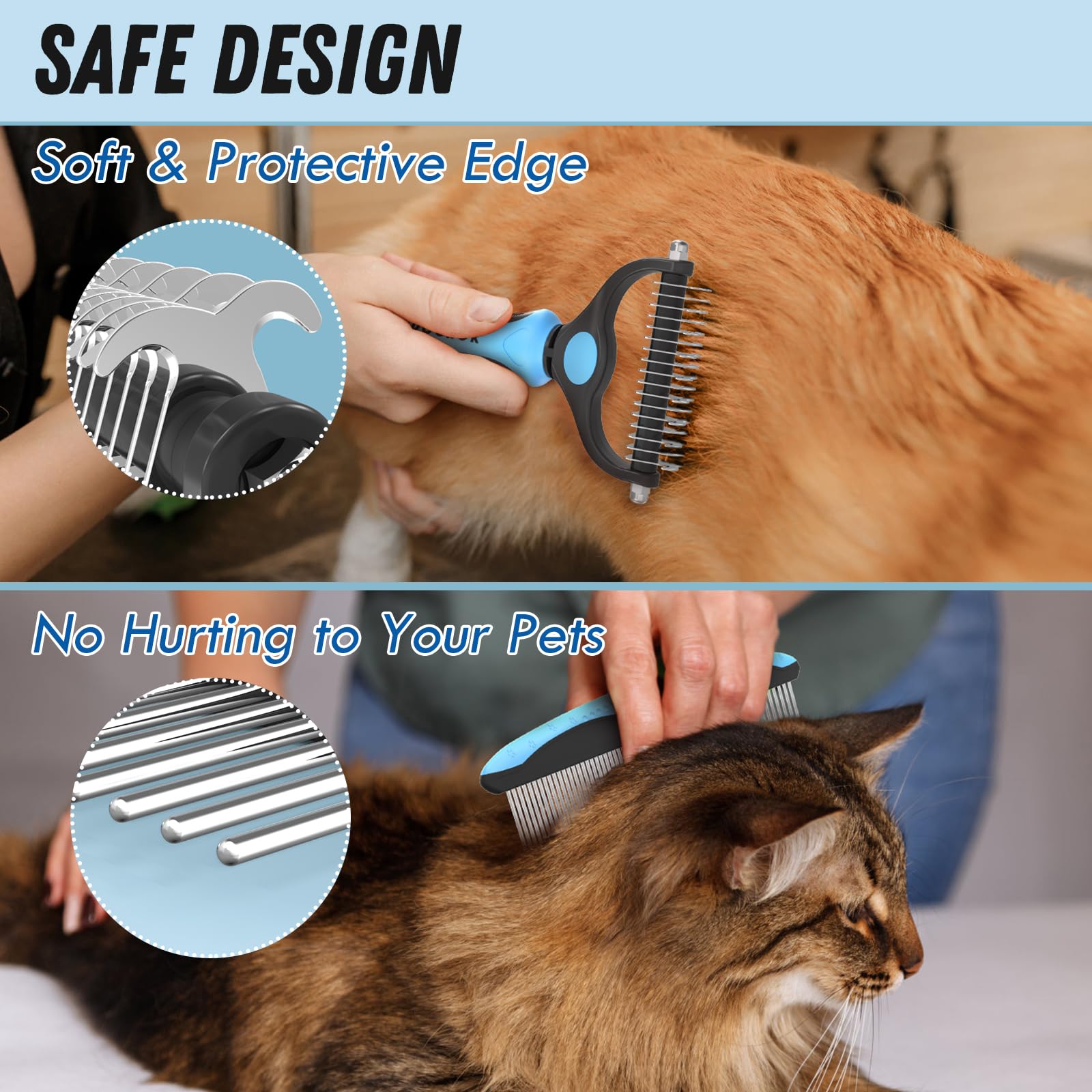 Docrok Pet Grooming Combo - Blue Deshedding Brush with Metal Comb for Detangling and Dematting Long, Matted Fur on Cats and Dogs