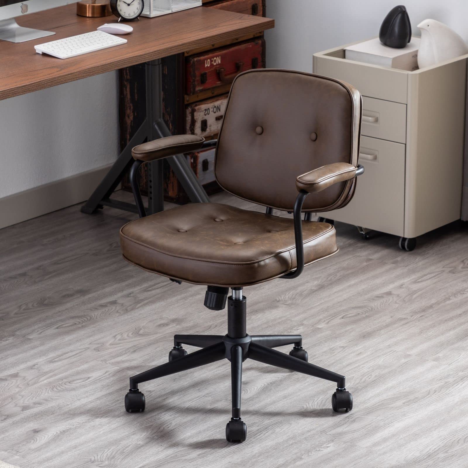 LukeAlon Adjustable Pu Leather Home Office Chair, Comfy 360° Swivel Task Chair with Armrest Modern Thickened Seat Desk Chair Tiltable Computer Chair with Buttons & Wheels, Brown