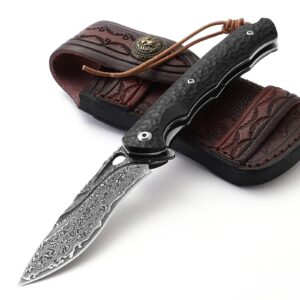 drachenader damascus pocket knife for men, with leather sheath/clip, 67-layer damascus steel pocket knife handmade quick release- vg10 steel core ebony handle, ideal gift, black