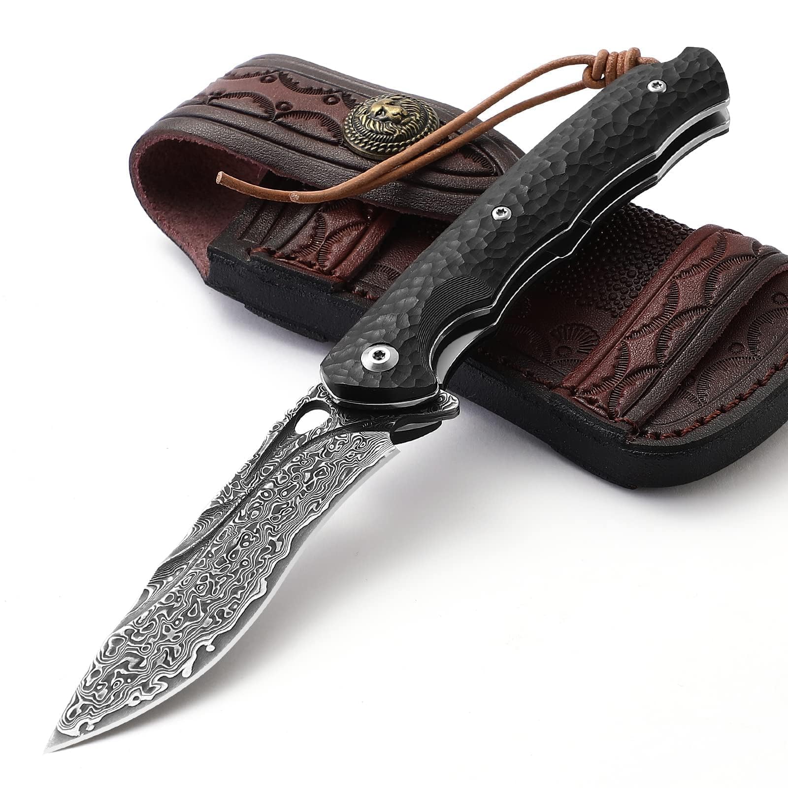 DRACHENADER Damascus Pocket Knife for Men, with Leather Sheath/Clip, 67-Layer Damascus Steel Pocket Knife Handmade Quick Release- Vg10 Steel Core Ebony Handle, Ideal Gift, Black