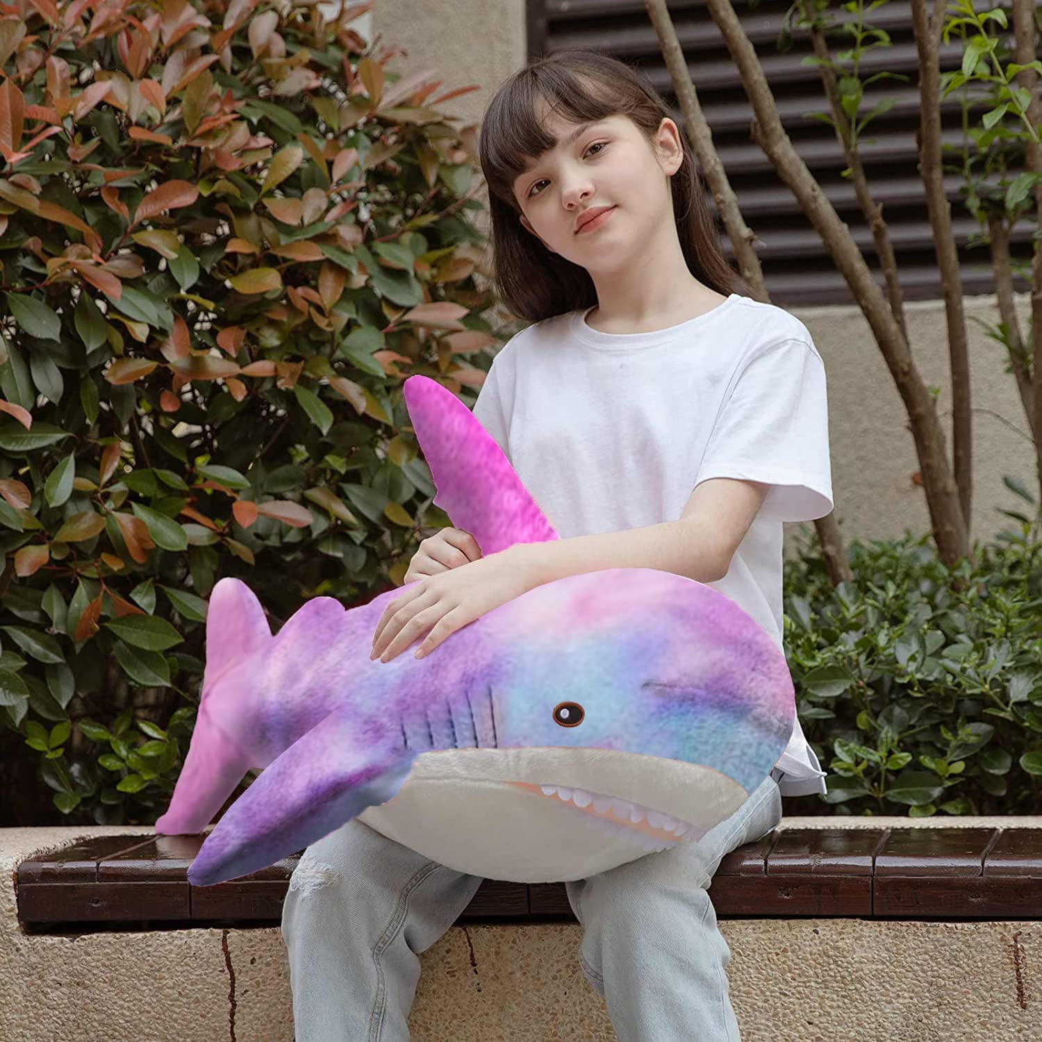 AFYBL 39.4 inch Shark Giant Stuffed Animal Toy, Wildlife, Soft Polyester Fabric, Beautiful Shark Markings, Handcrafted Kids Huggable Pillow for Pretend Play, Travel, Nap Time (Purple)