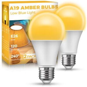 jandcase sleep light bulb, amber light bulbs for sleep therapy, blue light blocking, 1900k dim light bulbs 60w equivalent, mood soothing light, e26 a19 warm light bulbs for bedroom, nursery, 2 pack