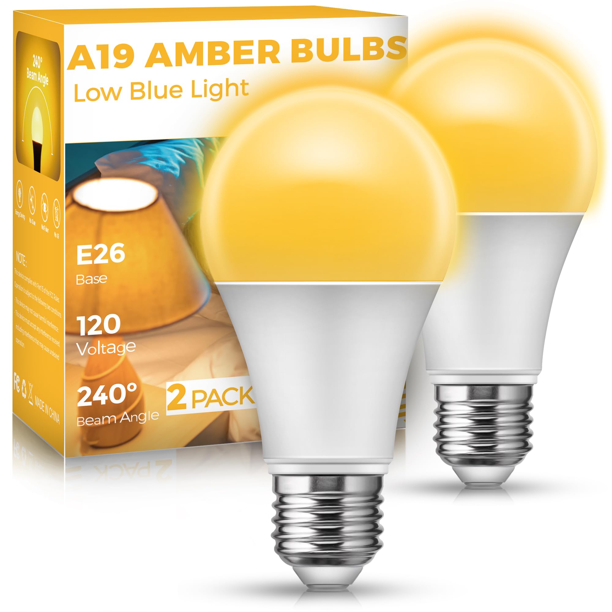 JandCase Sleep Light Bulb, Amber Light Bulbs for Sleep Therapy, Blue Light Blocking, 1900K Dim Light Bulbs 60W Equivalent, Mood Soothing Light, E26 A19 Warm Light Bulbs for Bedroom, Nursery, 2 Pack