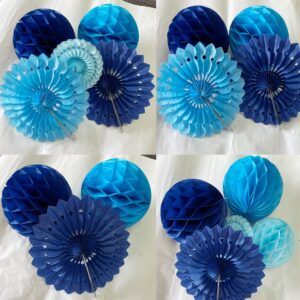 12pcs 6’’ 8’’ Honeycomb Balls Tissue Paper Fans Party Honeycomb Ball Fans Wall Decorations Tissue Pom Poms Flower Balls Hanging Paper Fans for Party Baby Shower Birthday Wedding Nursery(Blue kit)