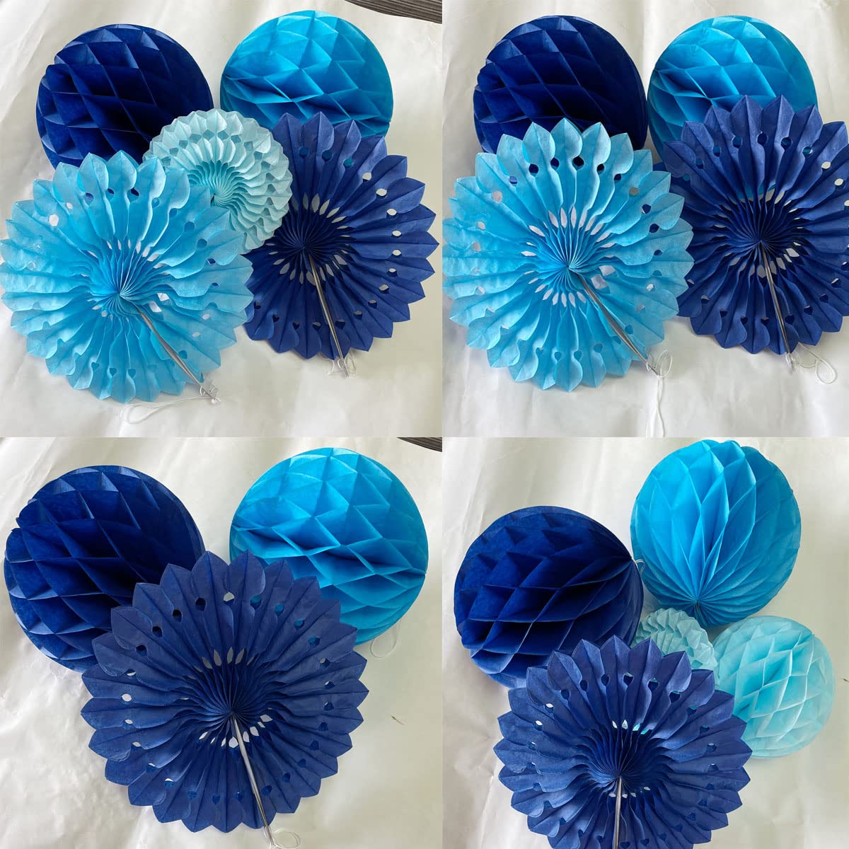 12pcs 6’’ 8’’ Honeycomb Balls Tissue Paper Fans Party Honeycomb Ball Fans Wall Decorations Tissue Pom Poms Flower Balls Hanging Paper Fans for Party Baby Shower Birthday Wedding Nursery(Blue kit)