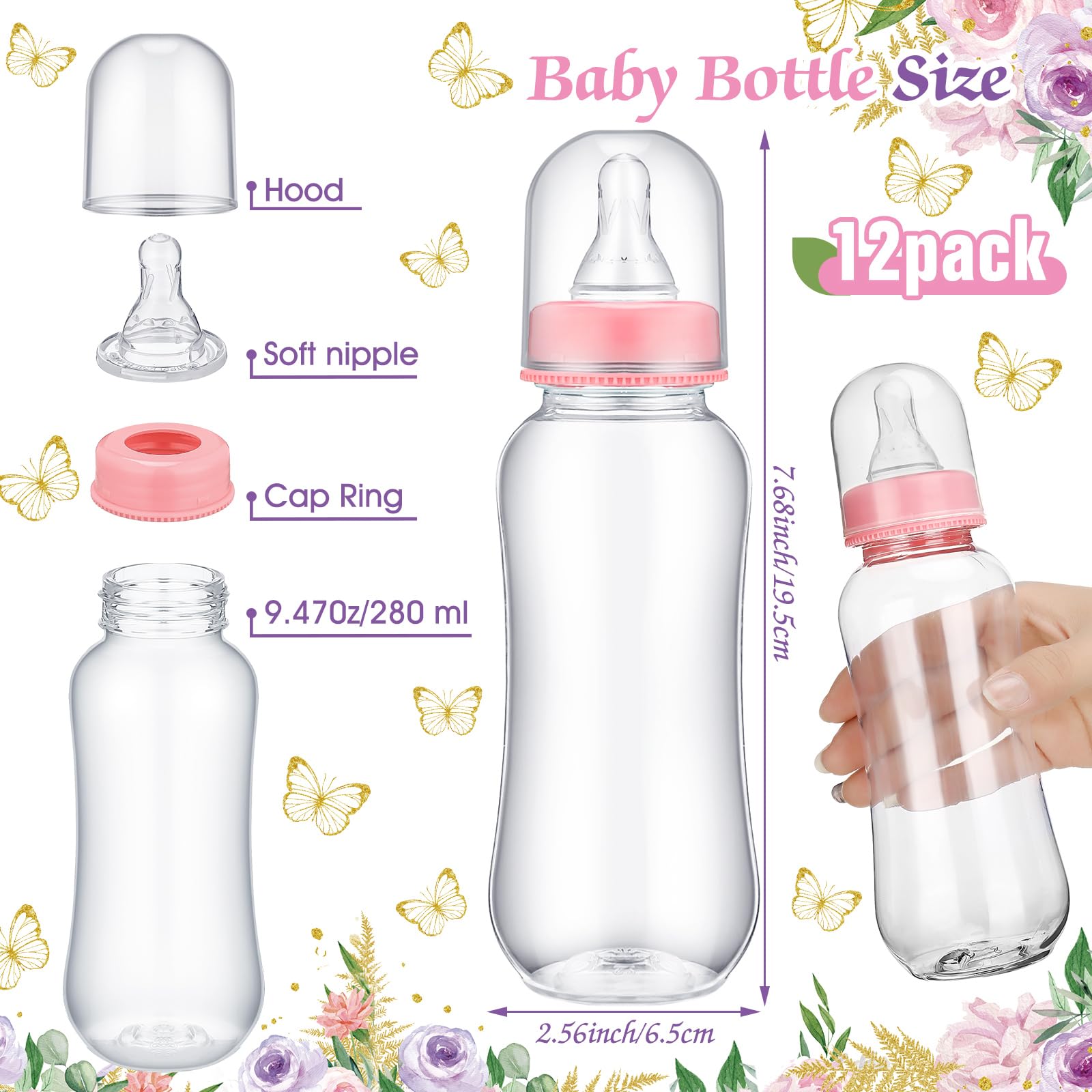 Sherr Butterfly Cool Baby Shower Games Bottle Chug Sign Wooden Butterfly Baby Gift Sets Gender Reveal Party Favors and 12 Pcs Baby Bottle Shower Favor Baby Bottles for Baby Shower Games Gender Reveal