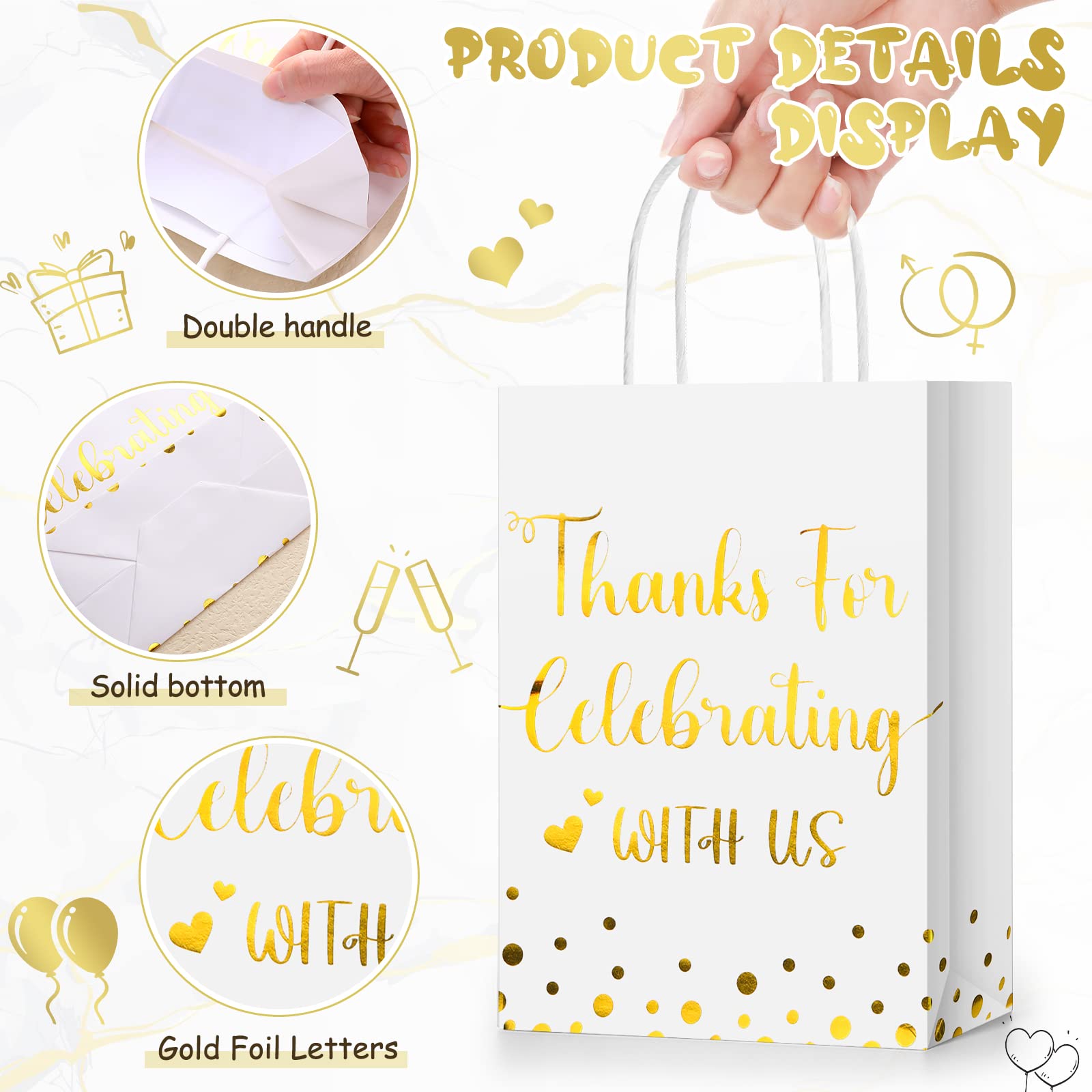 Ctosree 50 Pcs Wedding Gift Bag Thanks for Celebrating with Us Paper Bags Gold Wedding Gift Bags with Handle for Hotel Guests Wedding Gift Bag for Bridal Shower Party Favors