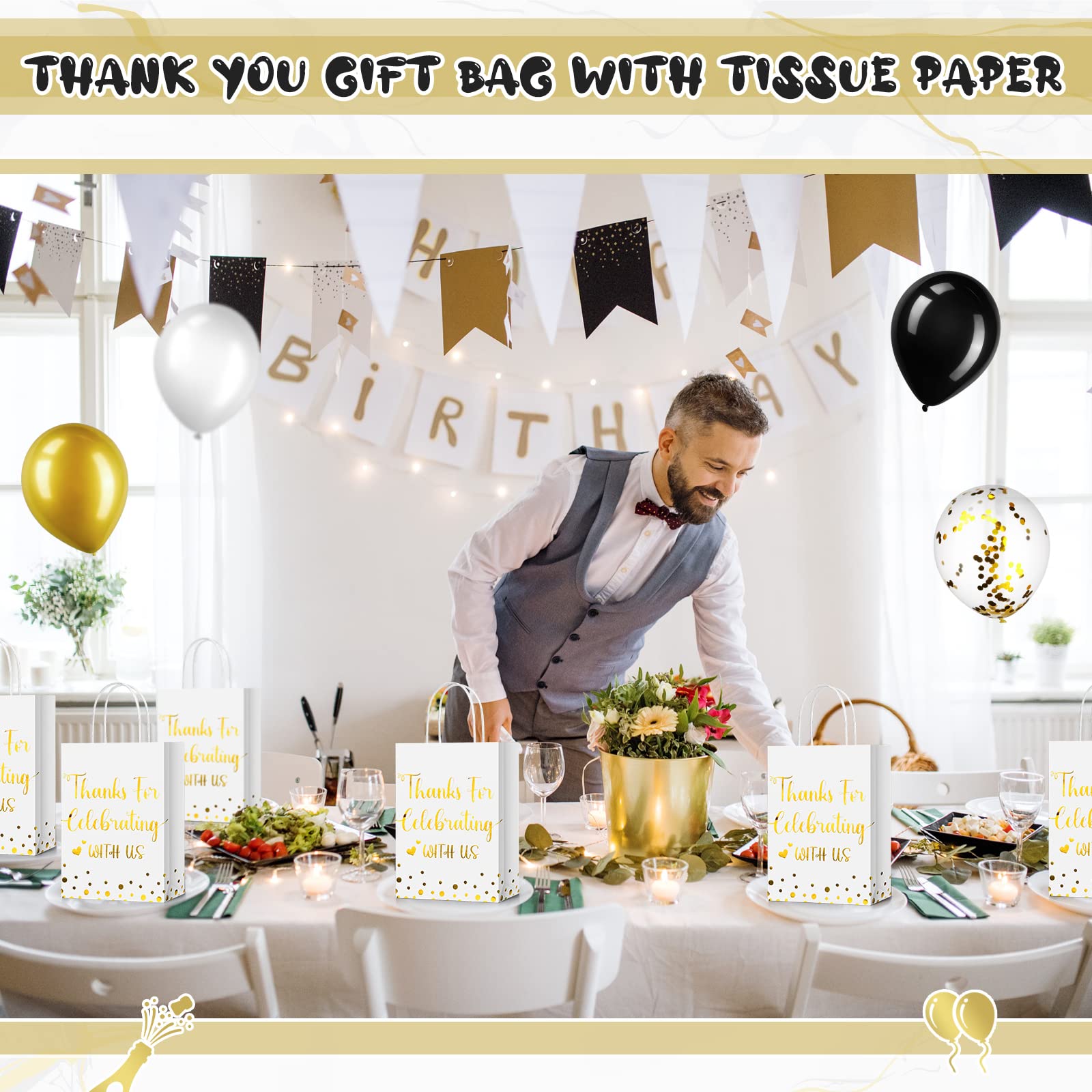 Ctosree 50 Pcs Wedding Gift Bag Thanks for Celebrating with Us Paper Bags Gold Wedding Gift Bags with Handle for Hotel Guests Wedding Gift Bag for Bridal Shower Party Favors