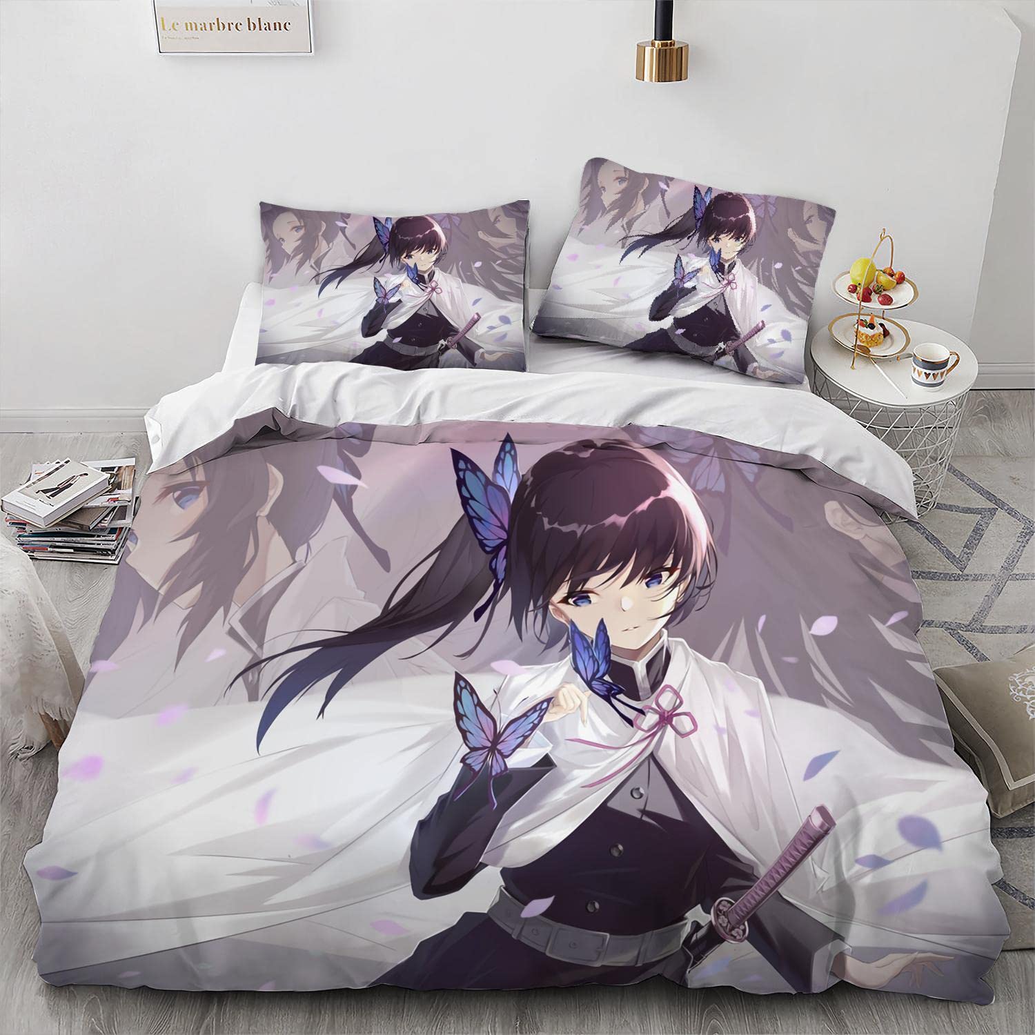 NICHIYOBI Devil Slayer Anime Kanao Flower Breathe Duvet Cover Set 3D Bedding Comforter Cover 3 Pcs (1 Duvet Cover+2 Pillowcases) Bedding Set (08,Full-80x90in+20x30in*2)