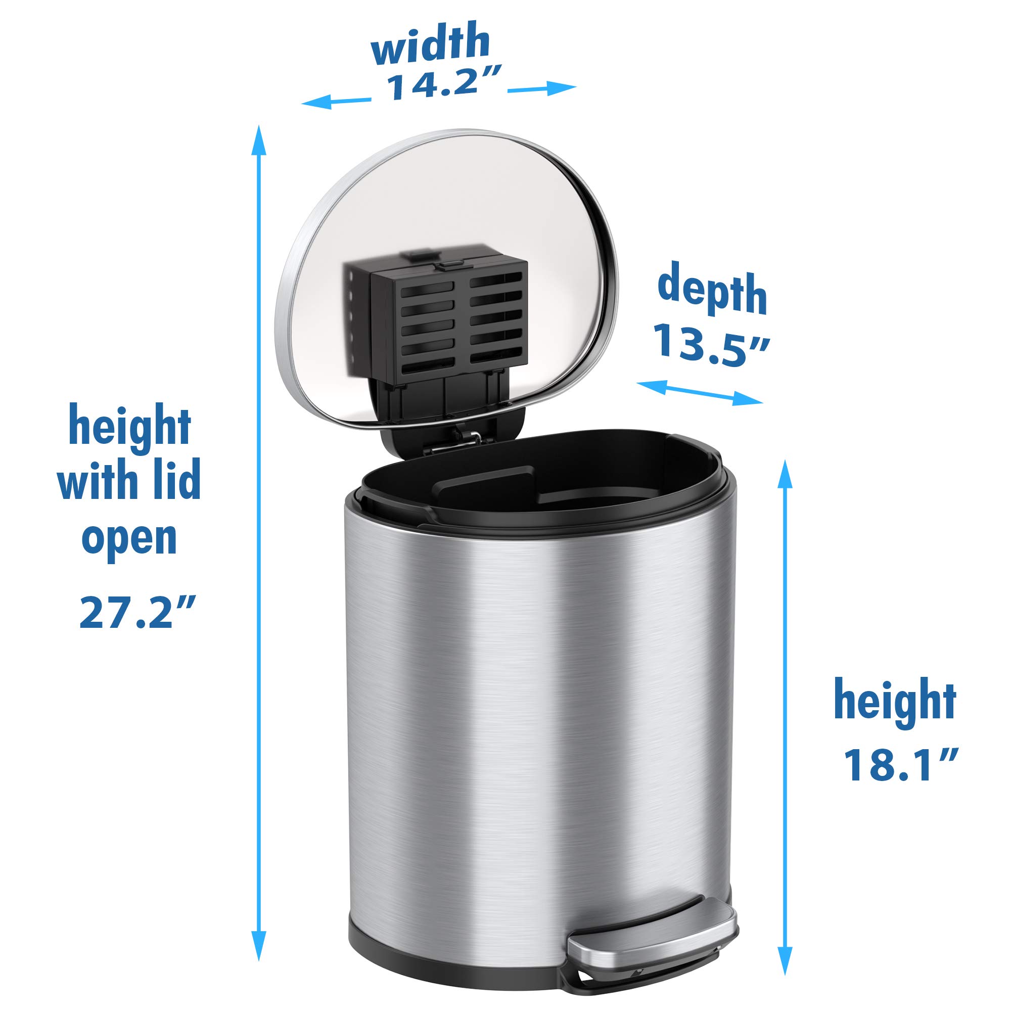 iTouchless SoftStep 5.3 Gallon Home Trash Can with Odor Filter & Removable Inner Bucket, Stainless Steel, 20 Liter Space-Saving Semi-Round Step Pedal Garbage Bin for Bedroom, Bathroom