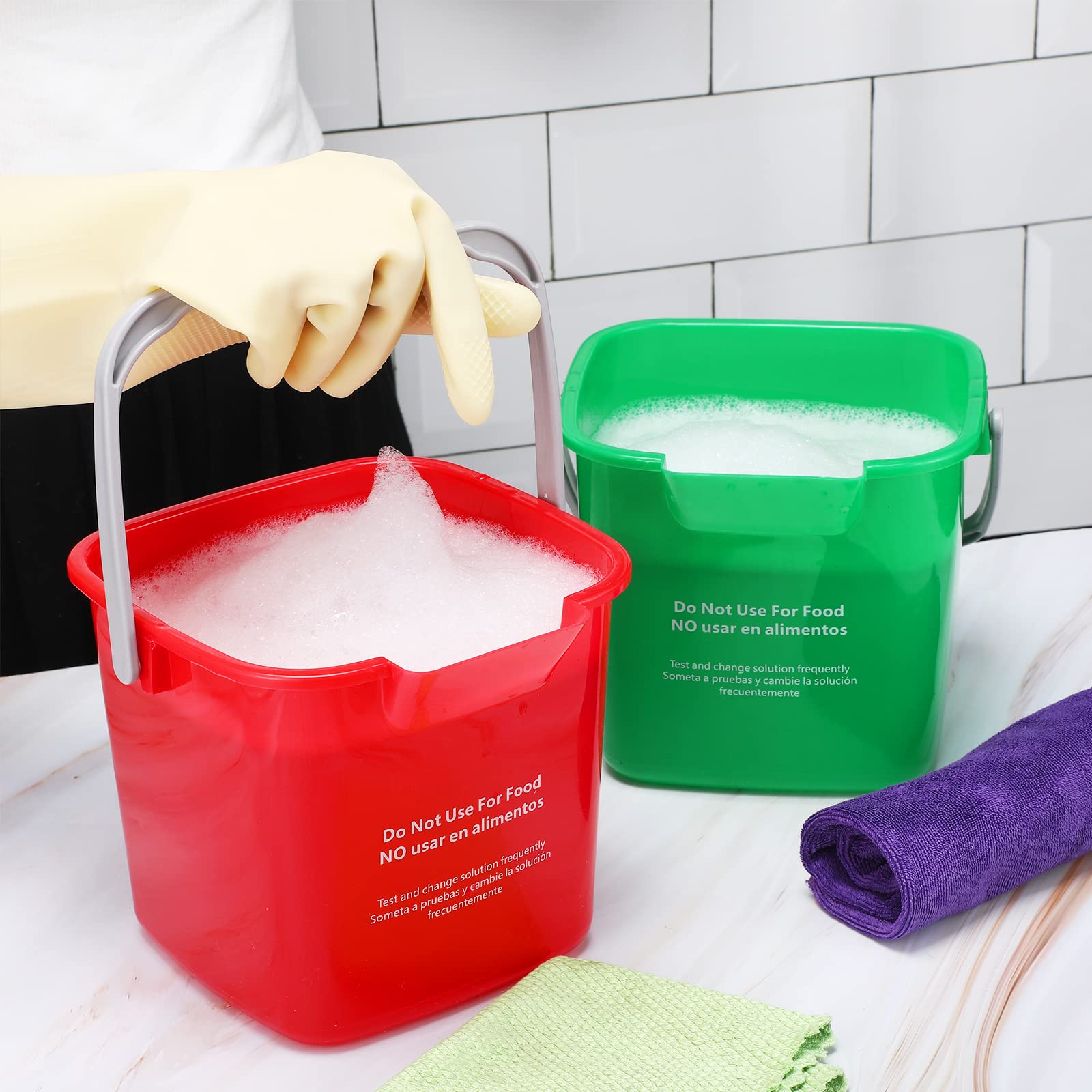 Roshtia 6 Pcs 3 Quart Cleaning Bucket Small Sanitizing Square Bucket Detergent Pail for Home Commercial Restaurant Kitchen Office School (Green, Red)