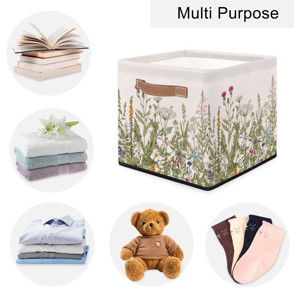 Wildflowers Storage Basket Fabric Cube Storage Baskets Foldable Decorative Square Storage Bins with Handles for Closet Bedroom Shelf Organizing Toys