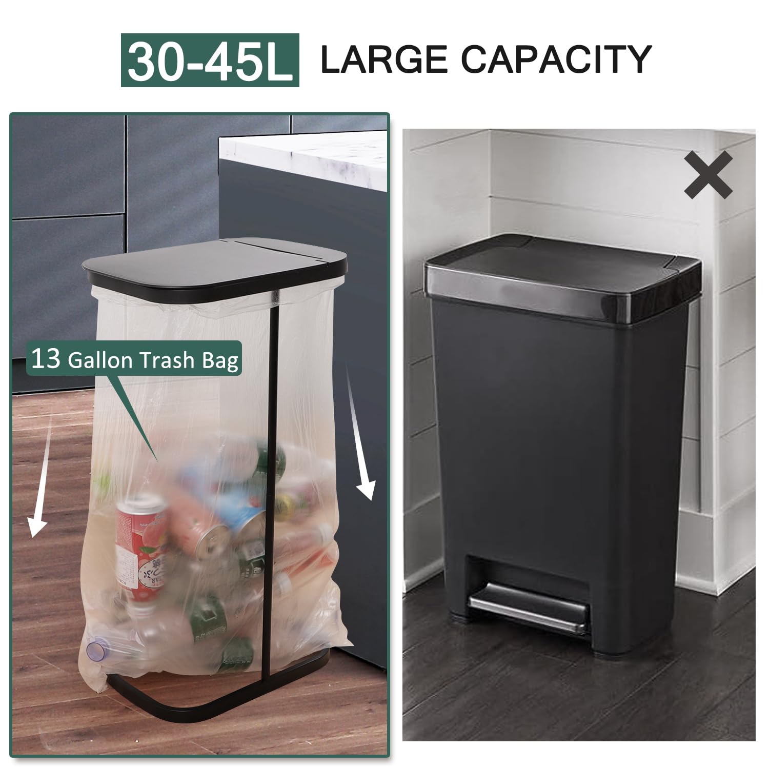 FURKIT Trash Bag Holder, 13 Gallon Durable Metal Waste Bin, Portable Indoor Outdoor Trash Can Stand for Kitchen, Camping, Picnic (Black)