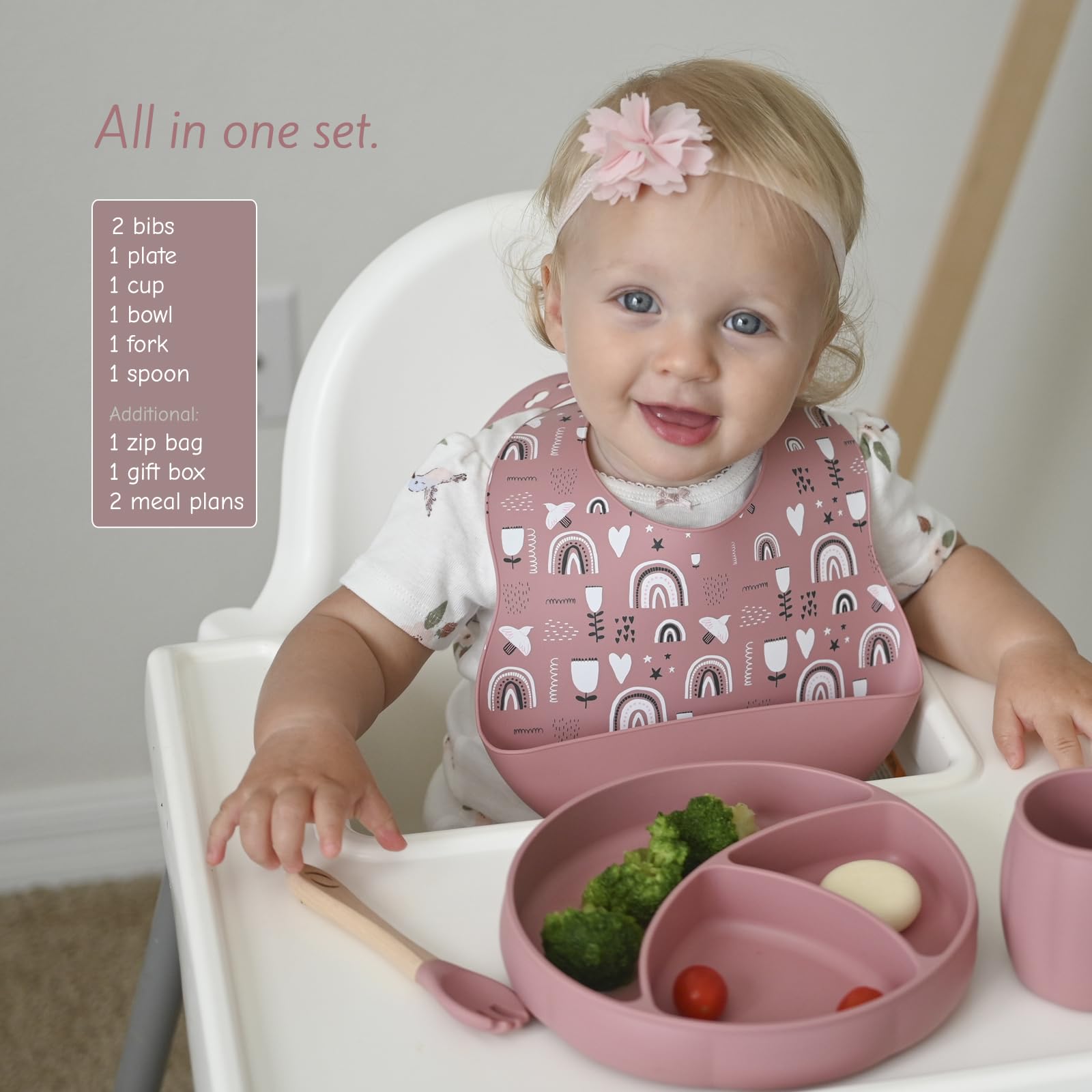 Silicone Baby Feeding Set | truku truku ® | Baby Dinnerware Set - 2 Bibs with Food Catcher, Suction Plates for Baby, Bowl, Toddler Cup, Bamboo Spoon and Fork - Rainbow Baby Gift - 7 pcs (Rose)