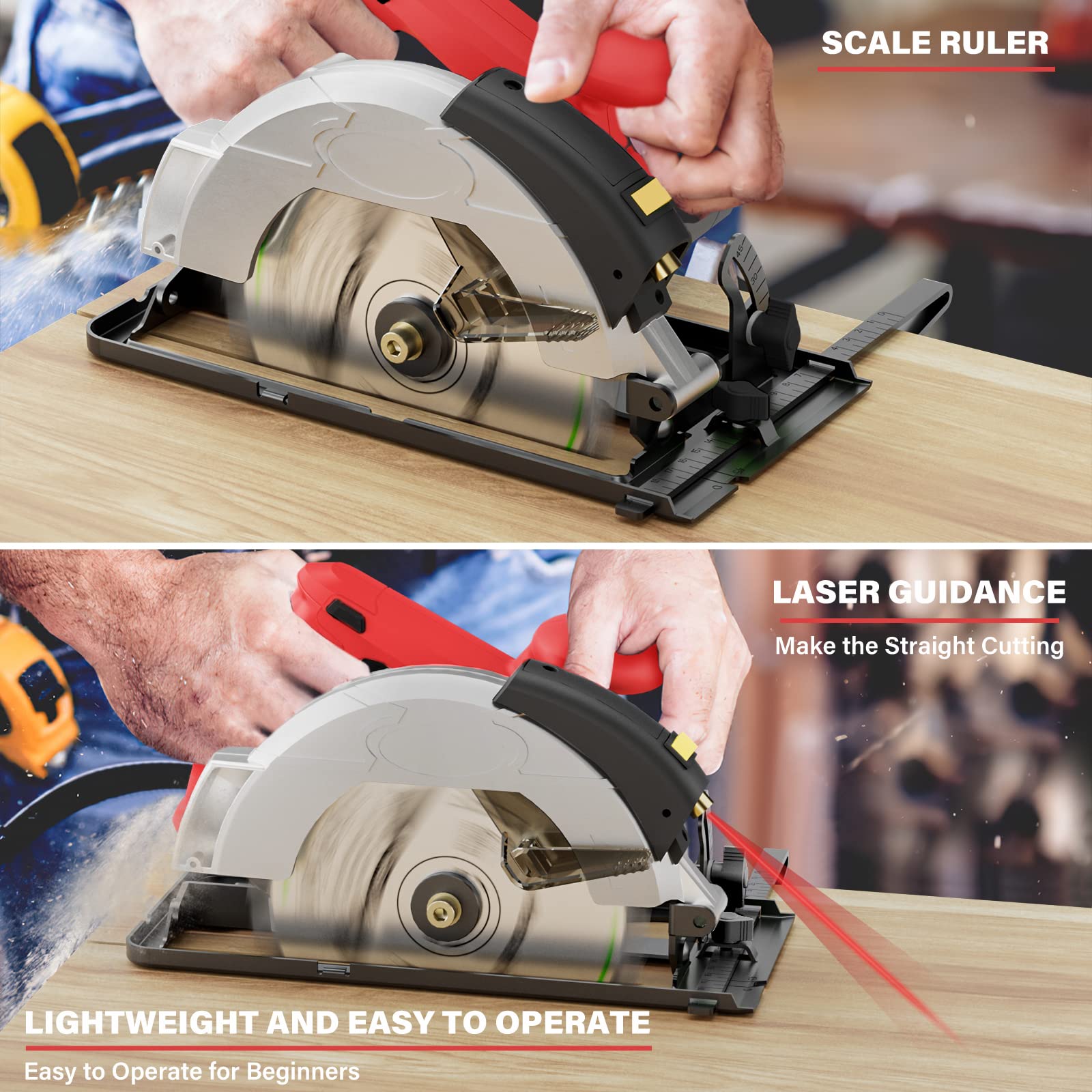 Circular Saw, 1500W Power Circular Saws with Laser Guide, 5500RPM Compact Circular Saw with 3 Saw Blades (24T+ 48T)7-1/4'', 0-45° Bevel Adjustment, Corded Electric Saw for Wood