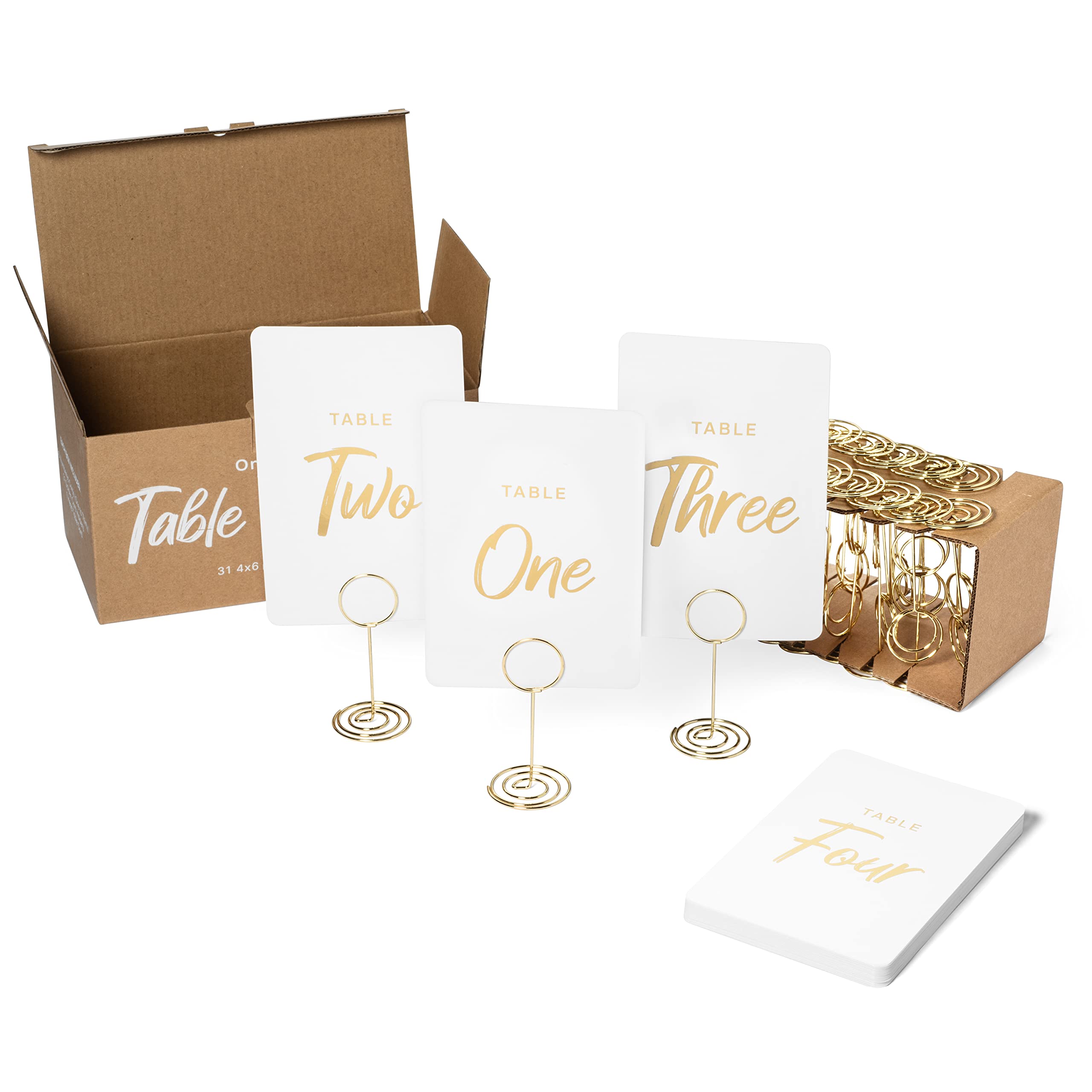 Table Numbers 1-30 Gold Set | Wedding Table Number Seating Cards, Golden Metal Holder Stands and Storage Box