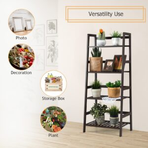 COSTWAY 4-Tier Ladder Shelf, Bamboo Plant Stand Rack, Freestanding Bookshelf, Multifunctional Storage Shelves, Flower Stand Rack Holder for Garden, Balcony, Living Room, Bedroom (Coffee)