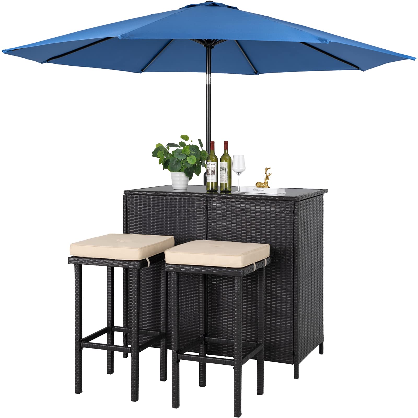 SOLAURA 3-Piece Outdoor Patio Bar Set Black Brown Wicker Bar Table Set Patio Furniture Set Outdoor Bar and Two Stools with Cushions and 9 FT Patio Umbrella, Dark Blue