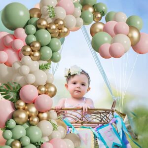 Sage Green Pink Balloons Garland Kit,133pcs Olive Green Blush Pink Sand White Metallic Gold Balloons for Girl Baby Shower Bridal Shower Wedding Birthday Jungle Safari Woodland Party Decorations…