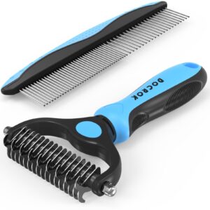 docrok pet grooming combo - blue deshedding brush with metal comb for detangling and dematting long, matted fur on cats and dogs