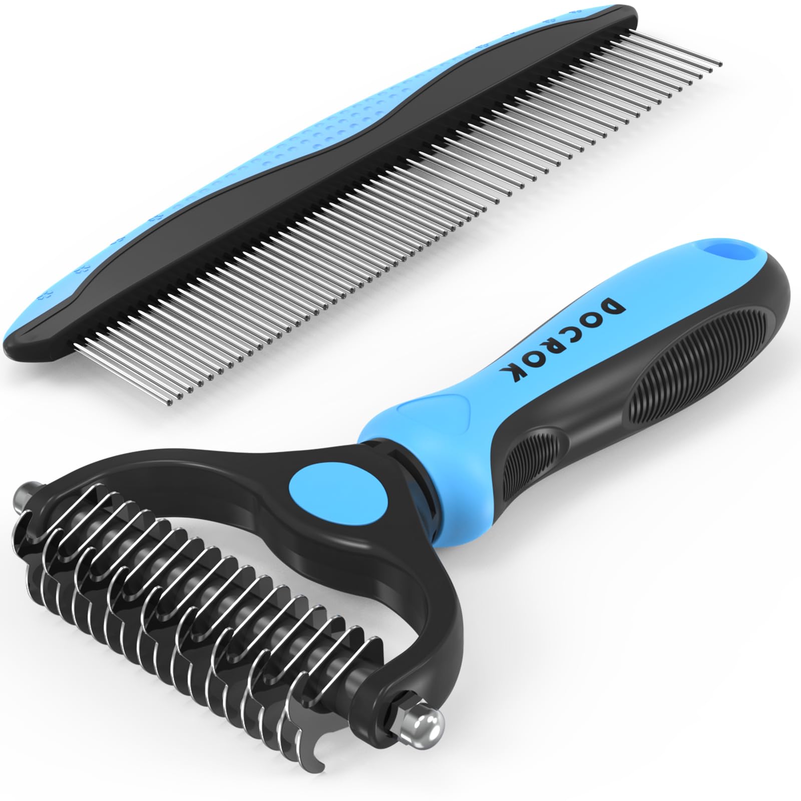 Docrok Pet Grooming Combo - Blue Deshedding Brush with Metal Comb for Detangling and Dematting Long, Matted Fur on Cats and Dogs