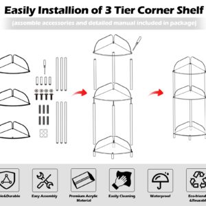 KOLUTI 3 Tier Bathroom Corner Shelf Stand, Solid Acrylic Floor Standing Rack Organizer Display for Restroom Living Room Bedroom Balcony, Small Toilet Paper Side Holder Storage, Clear