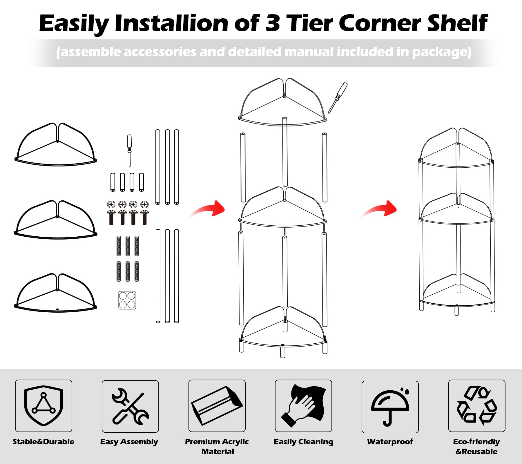 KOLUTI 3 Tier Bathroom Corner Shelf Stand, Solid Acrylic Floor Standing Rack Organizer Display for Restroom Living Room Bedroom Balcony, Small Toilet Paper Side Holder Storage, Clear