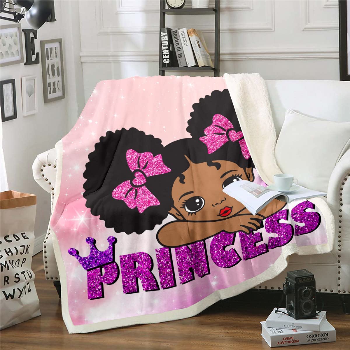 Black Girl Princess Sherpa Blanket Kids Cute Blanket for Girls Bedroom Decor, Psychedelic Stars Throw Blanket for Chair Pink Purple Ombre Fleece Blanket Throw Size, Sequins Glitter Plush Blanket