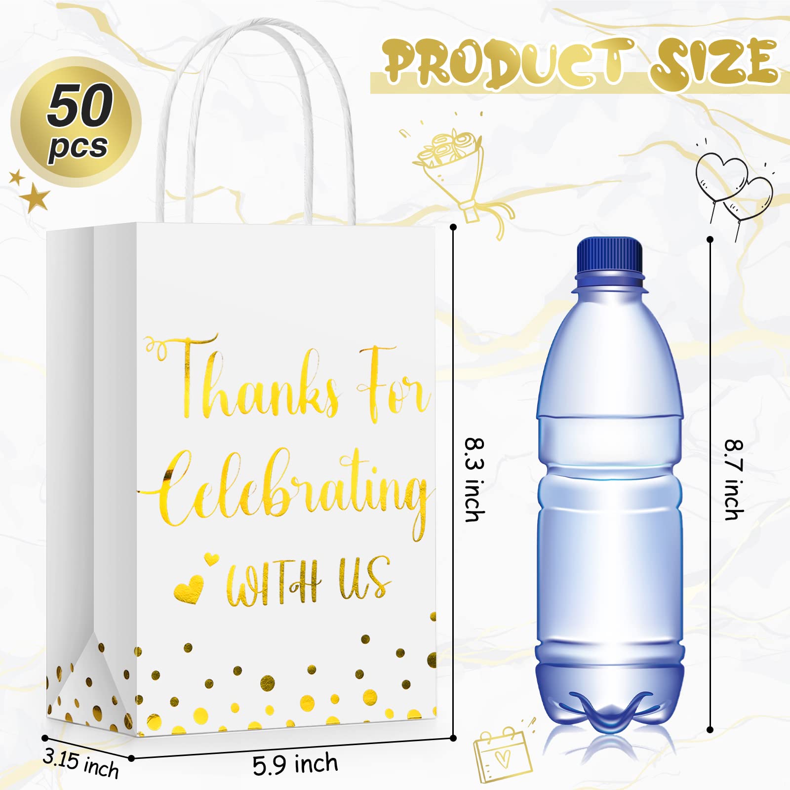 Ctosree 50 Pcs Wedding Gift Bag Thanks for Celebrating with Us Paper Bags Gold Wedding Gift Bags with Handle for Hotel Guests Wedding Gift Bag for Bridal Shower Party Favors