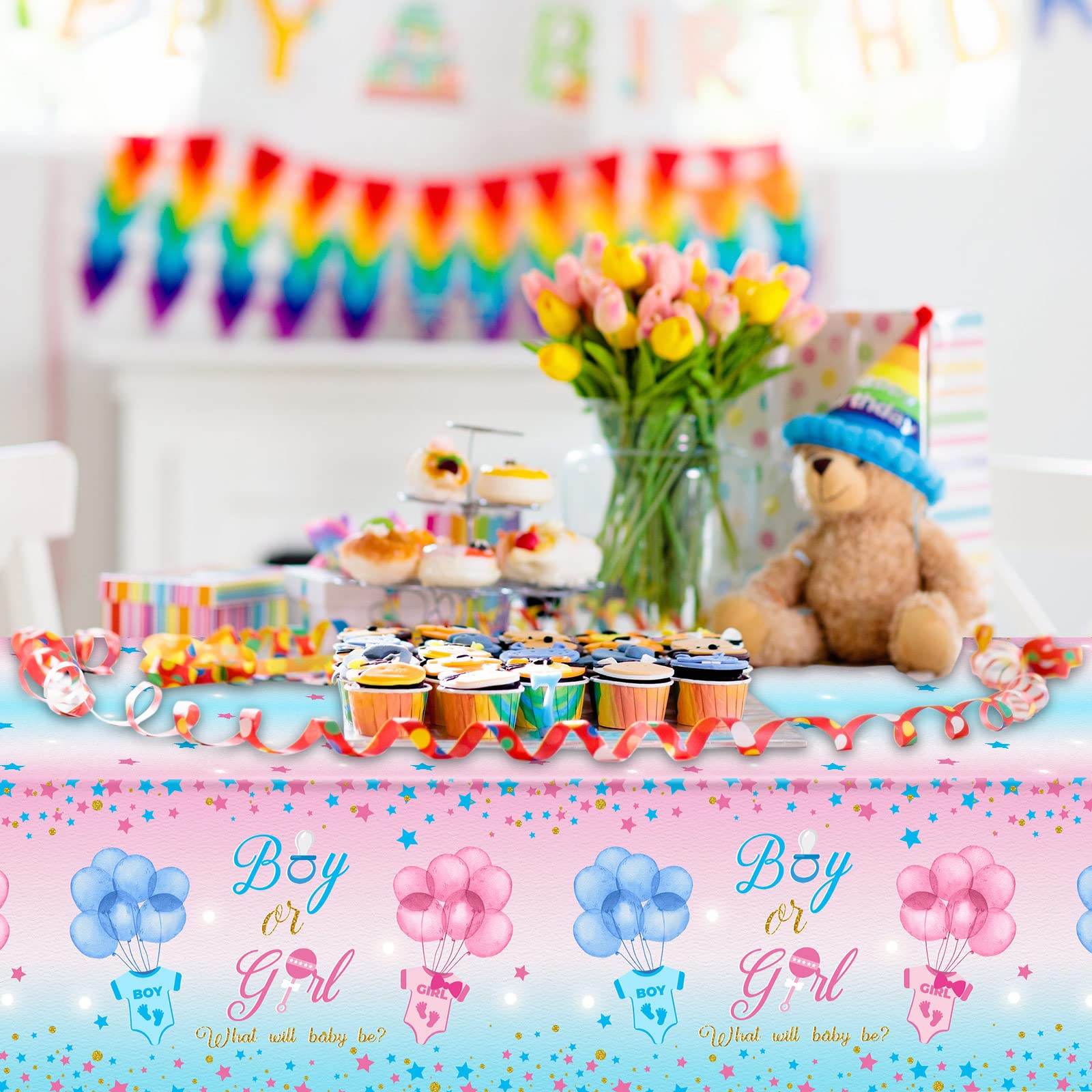 Mixweer 3 Pcs Gender Reveal Table Cloth Gender Reveal Party Supplies Waterproof Boy or Girl Plastic Tablecloth Pink and Blue Disposable Table Cover for Gender Reveal Baby Party Decorations, 54" x 108"